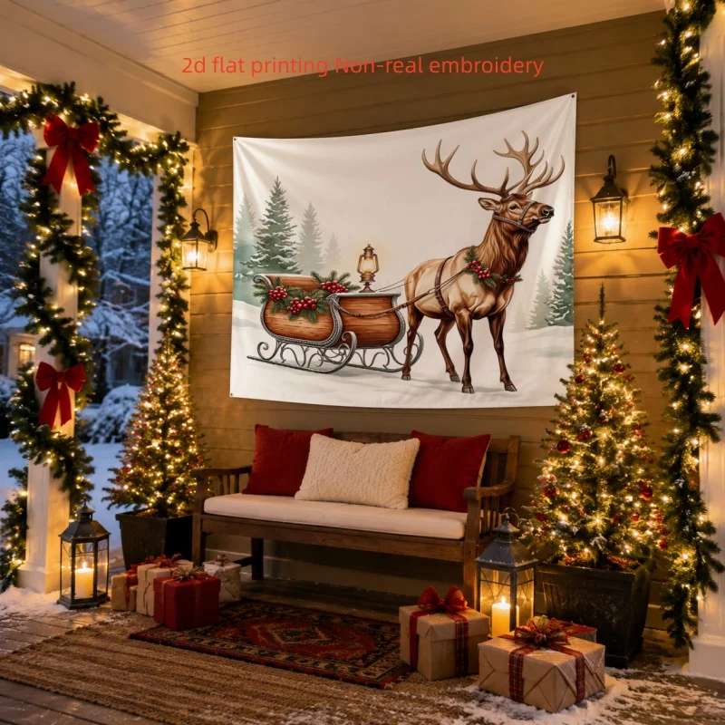 2D Flat,1pc Printed Tapestry, Christmas Elk Pulling Sleigh Pattern, Holiday Wall Decor, for Living Room,Bedroom,Dorm
