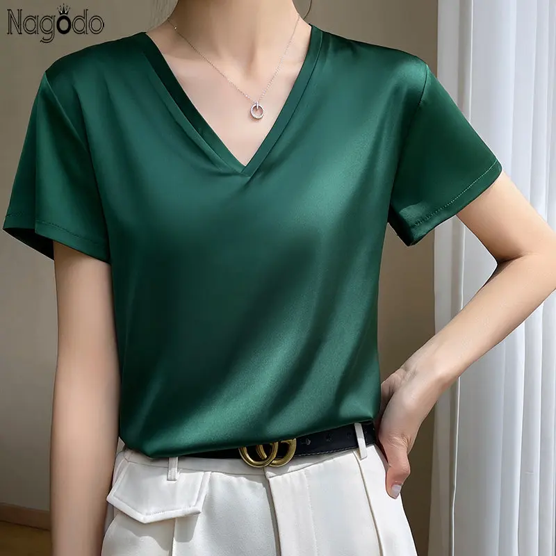 2024 Summer V-neck Basic Solid Causal Women\'s T-Shirts Short Sleeve Tees Tops Satin Silk Blouses Elegant Office Lady Thin Shirts