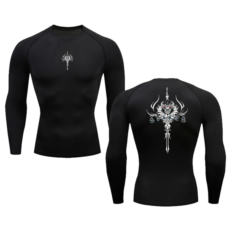 2024 Men's compression Skull Sword Print T-shirt Sport Long sleeve Muscle Fitness Tight quick drying Breathable fitness tops