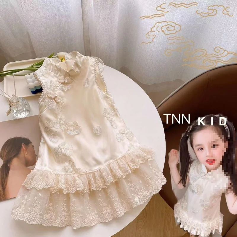 Cheongsam Children Girls' Dress2024Summer Clothing New Lady Exquisite Lace Princess Dress One Piece Dropshipping Skirt-WSNY