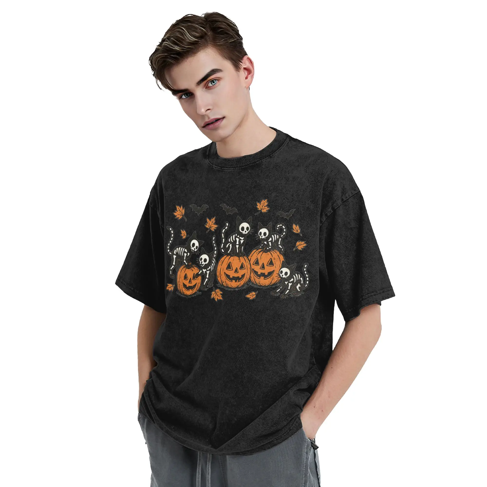 Funny Cat Skeleton Washed T Shirt Streetwear Hip Hop Vintage T-Shirt Pumpkins Halloween Tee Shirt for Men Women Graphic Printed