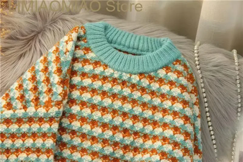 New Plaid Preppy Style O-Neck Chic Long Sleeve Acrylic Knitted Women Sweater Fashion Thick Pullover Sweaters Autumn Winter