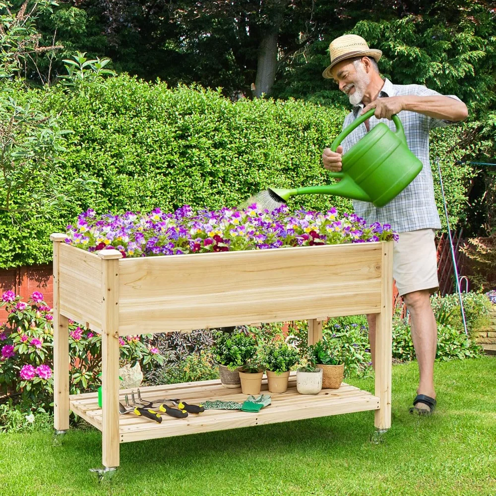 

Raised Garden Bed on Wheels, Wood Planter Box with Legs, Liner, Drain Holes, Elevated Garden Bed for Vegetables,
