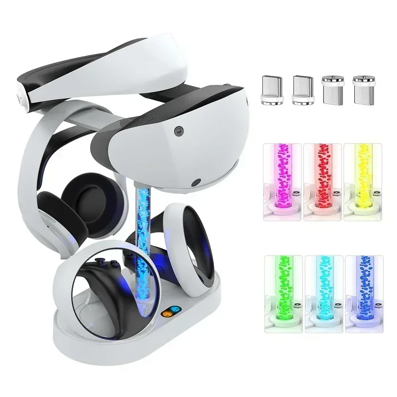 ForPS VR2 pengontrol Ganda dasar pengisian magnetik dengan lampu indikator Dok pengisian dengan lampu RGB Headset VR layar berdiri