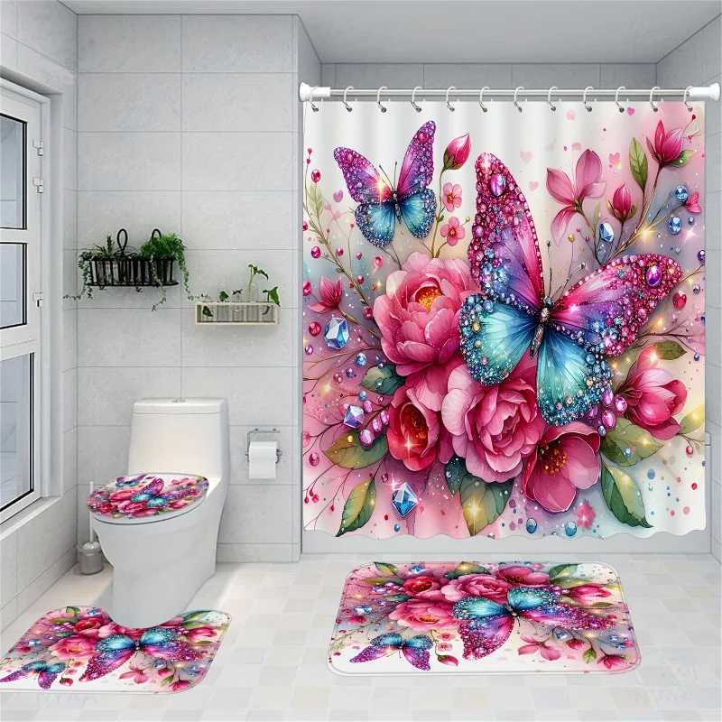 1/4pcs Pink Glitter Floral Shower Curtain Set, Elegant Butterfly Shower Curtain with 12 Hooks, Non-Slip Bathroom Rug, Toilet U-S