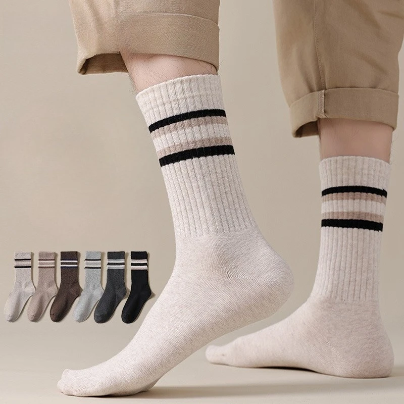 

6 Pairs Fashion Men's Winter Mid-Calf Cotton Grip Socks Casual Thick Thermal Socks Man Stripes Knit Warm Socks Wholesale Hosiery