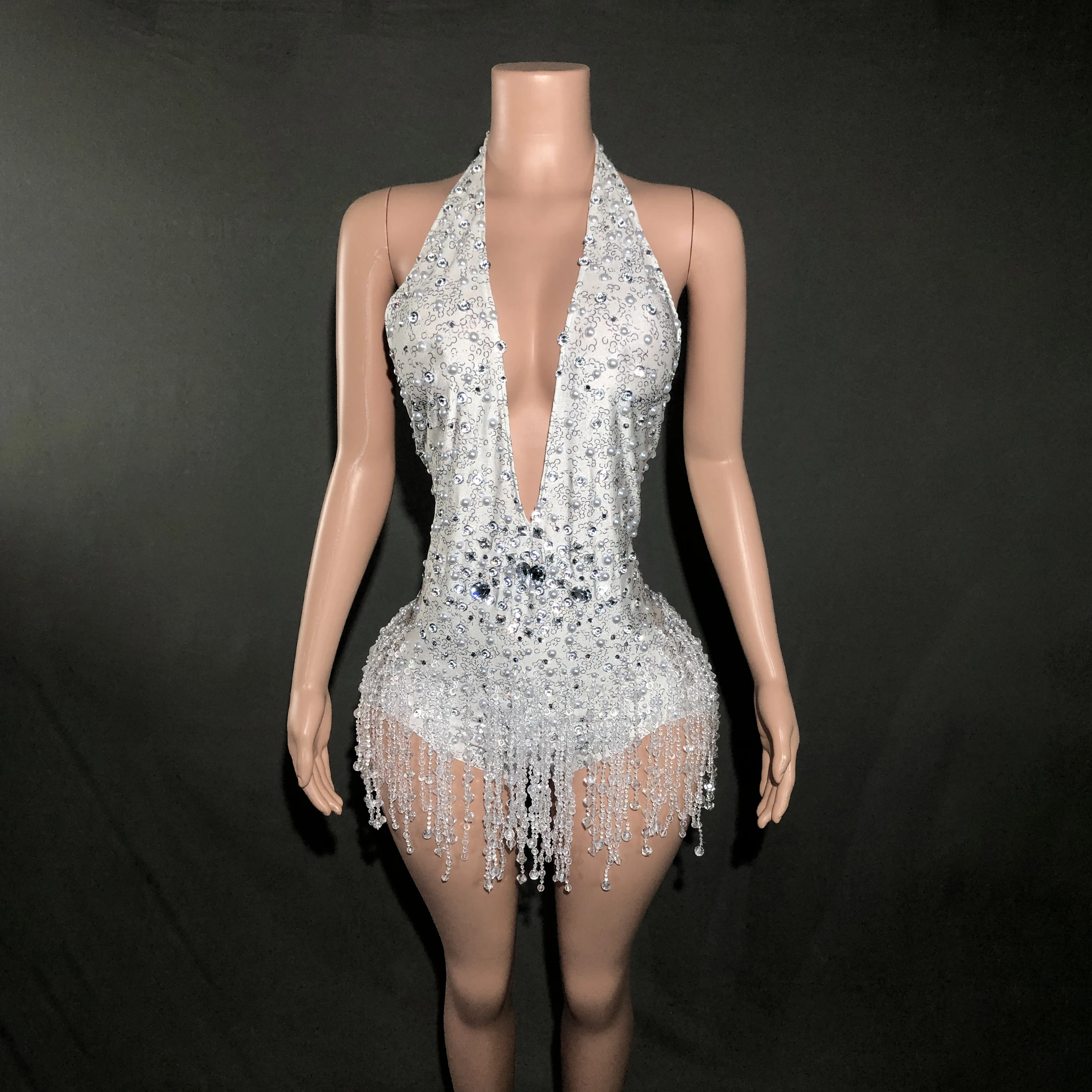 

bodysuit stage performance costume tassels big V-neck bright diamond hanging neck style backless sexy
