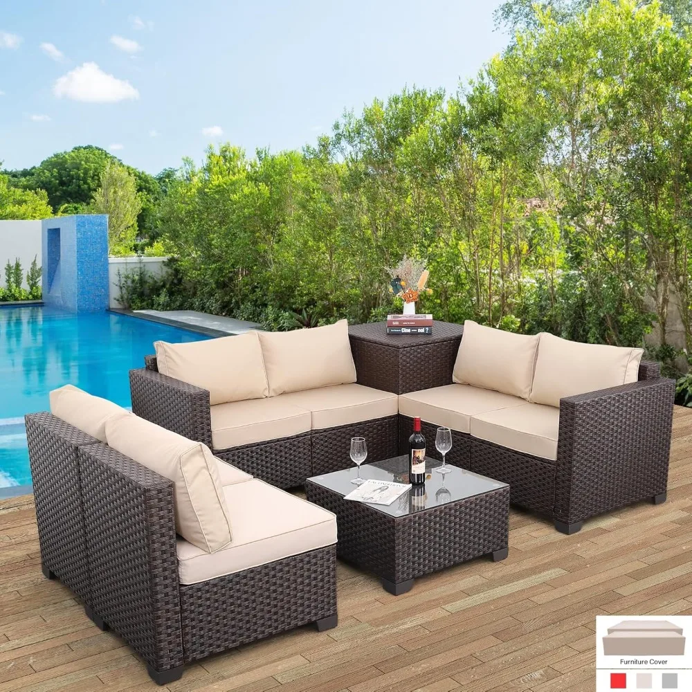 

Furniture Set Outdoor Brown Rattan Sectional Conversation Sofa Chair with Storage Table and Beige Cushi