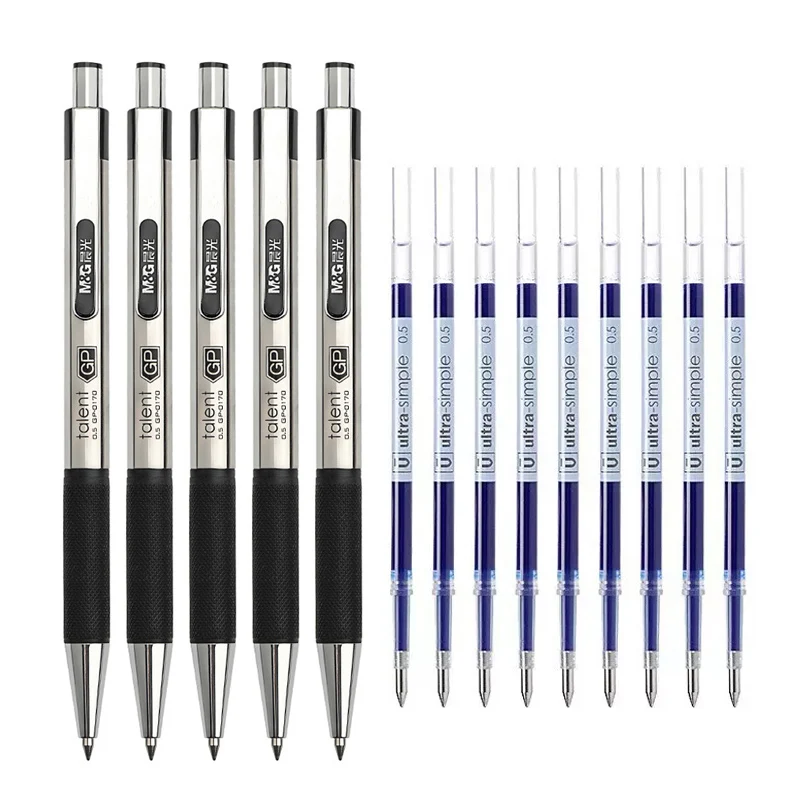 Retractable Stainless Steel Ballpoint Gel Pens,0.5mm Fine Point Bullet Tip Black Blue ink Refill Smooth Writing Grip Signing Pen