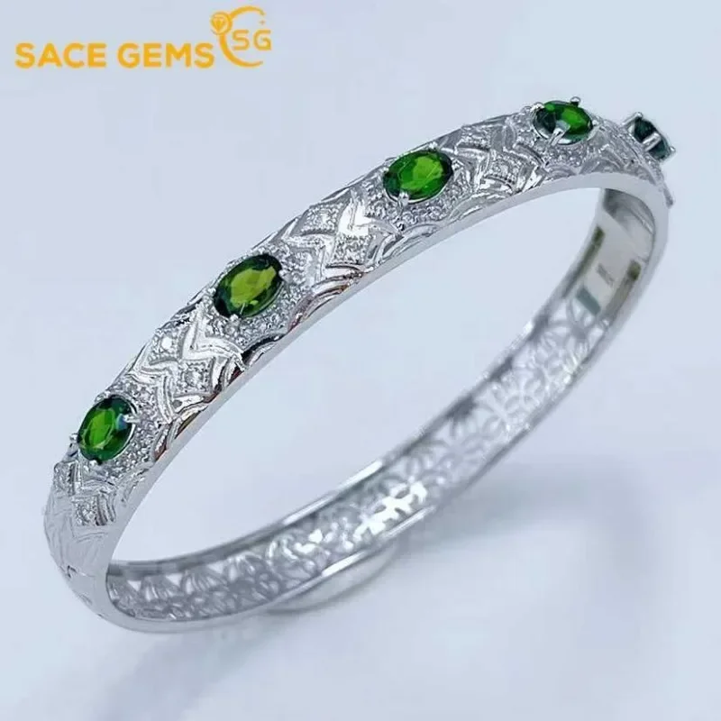 

SACE GEMS New Certified 4*6mm Natural Diopside Bracelets 925 Sterling Silver 19cm for Women Engagement Party Fine Jewelry Gift