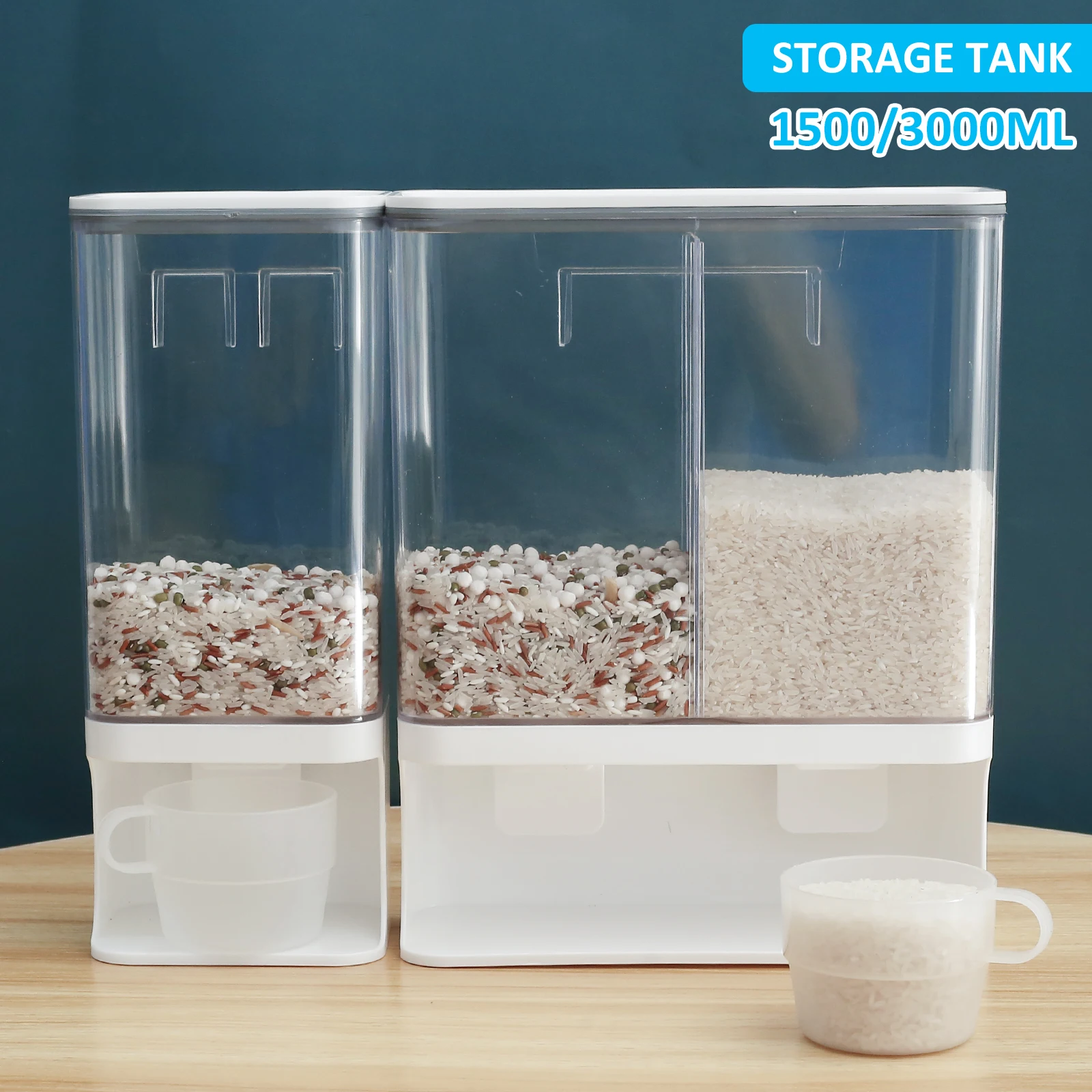 Rice Dispenser 1500/3000ML Wall Mounted Rice Storage Containers Kitchen Grain Organizer Transparent Sealed Rice Dispenser