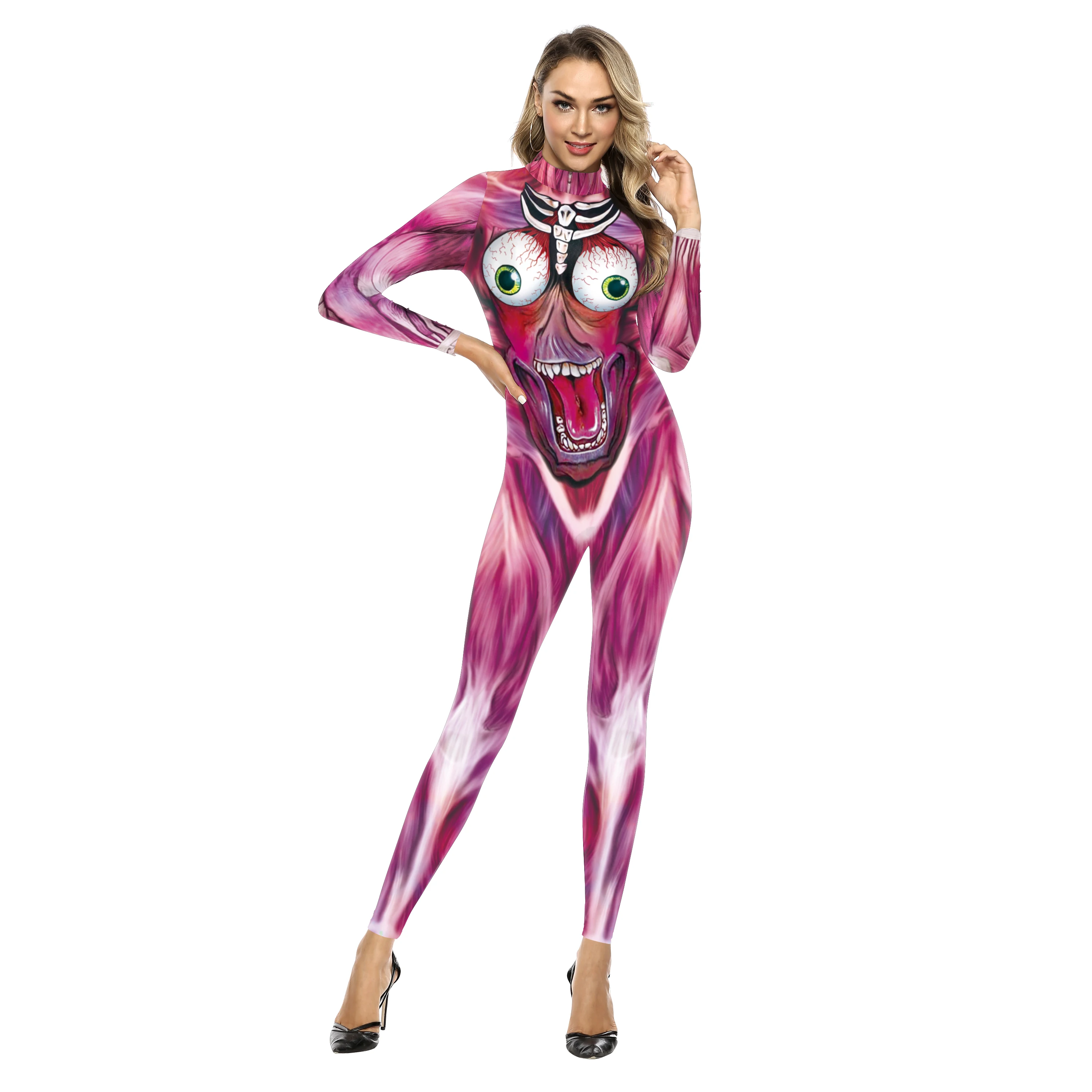 Fancy 3D Muscle Pattern Jumpsuit Women Long Sleeved Bodysuit Funny Halloween Cosplay Costume Zipper Carnival Adult Catsuit