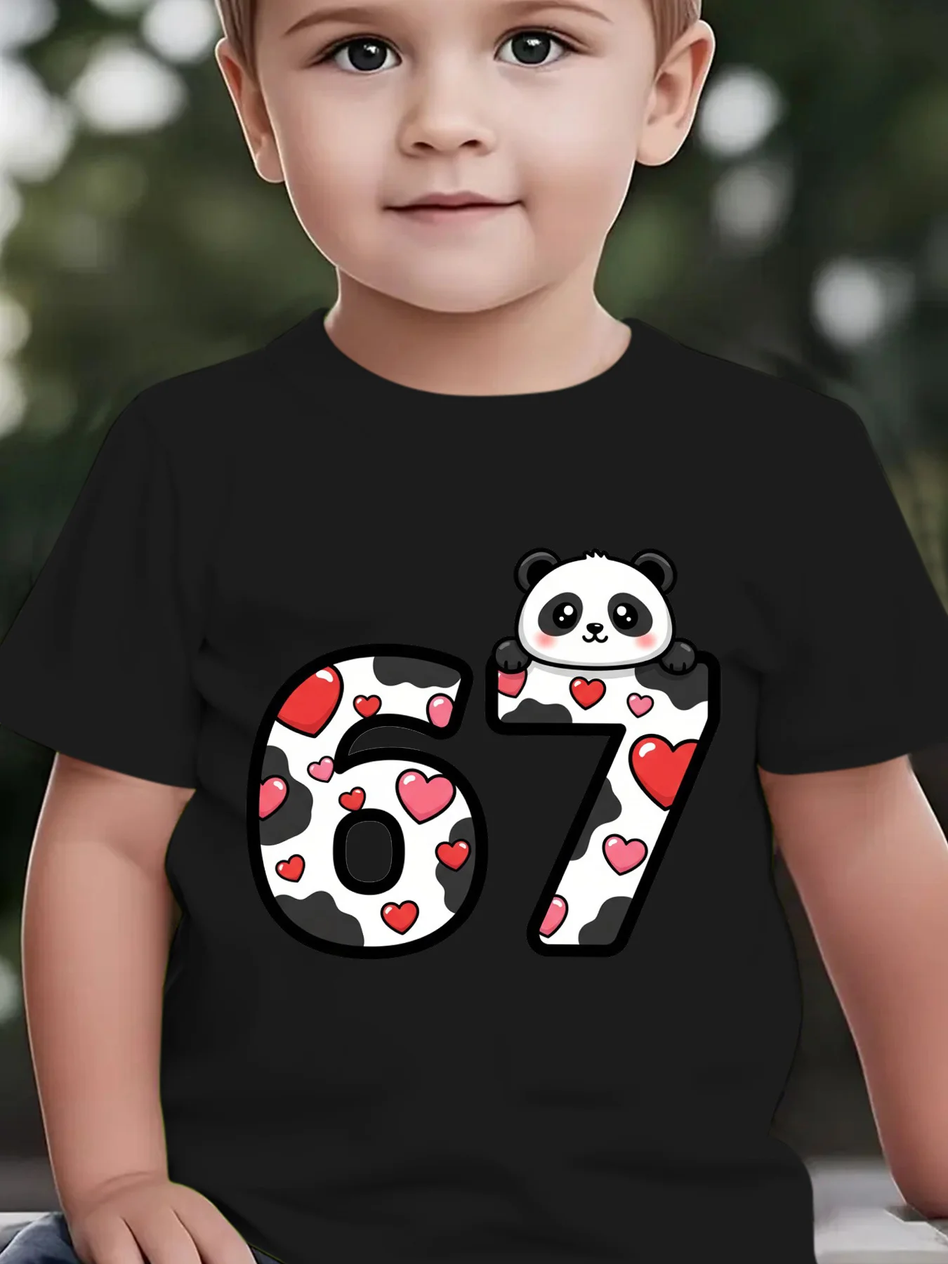 Cute Panda Cow Print Heart Number 67 Birthday Family Matching Cotton Tees Short Sleeve Tops For Mom Dad Boys Girls Daily Wear