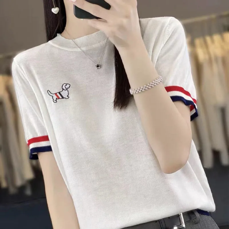 2024 Spring/Summer T-shirt, knitted sweater, short sleeved women's short sleeved women's knitted T-shirt, women's summer top
