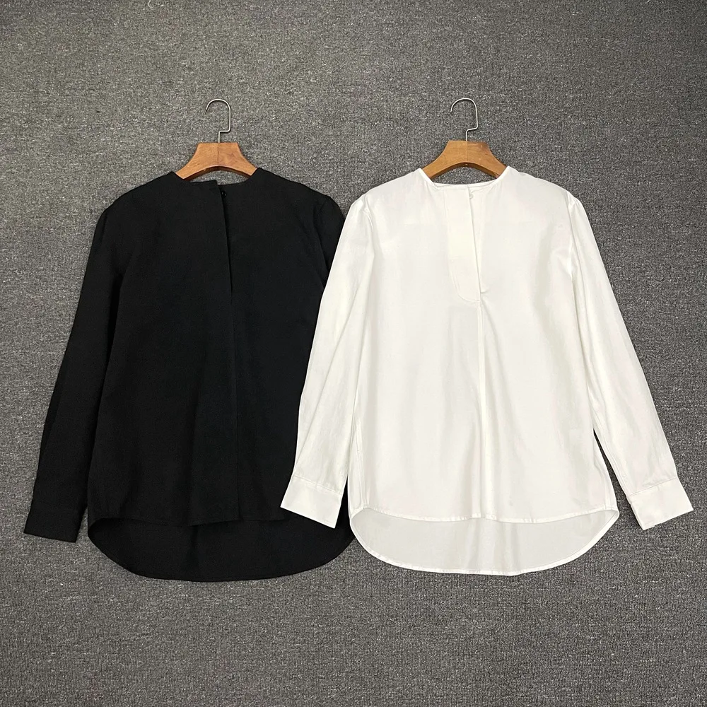 Maxdutti French Elegant Minimalist Blouse Ladies Round Neck Loose Single Breasted Long Sleeved Twill Cotton Shirt Women