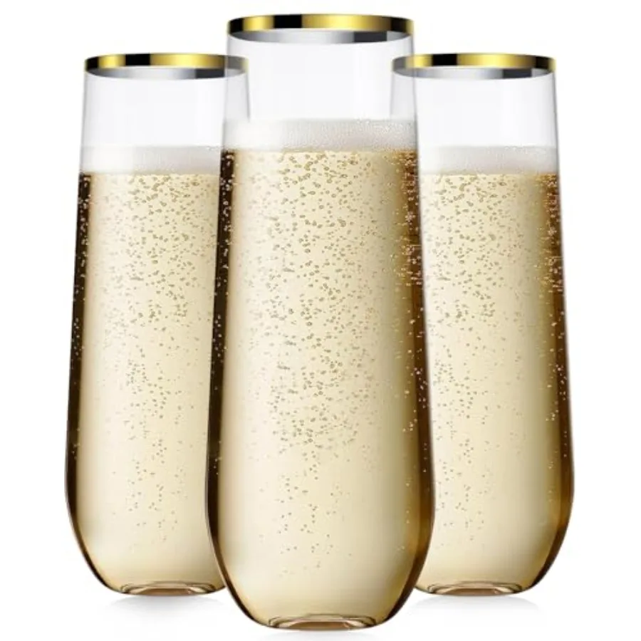 

48 Pack Champagne Flutes Plastic, 9 Oz Disposable Stemless Mimosa Gold Rim Toasting Glasses, Clear Crystal Plastic Cocktail Cup