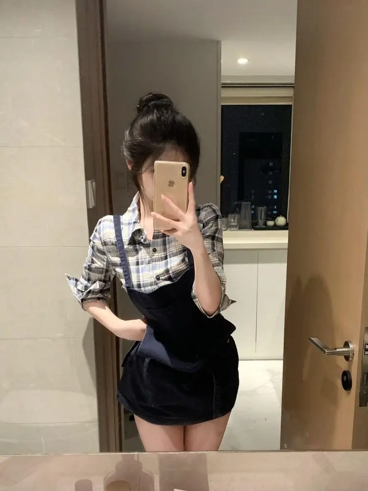 Elegant Lolita Women's 2 Piece Set Plaid Long Sleeve Shirt + Black Suspender Mini Skirt Y2k Summer Outfits Korean Fashion Female view 4