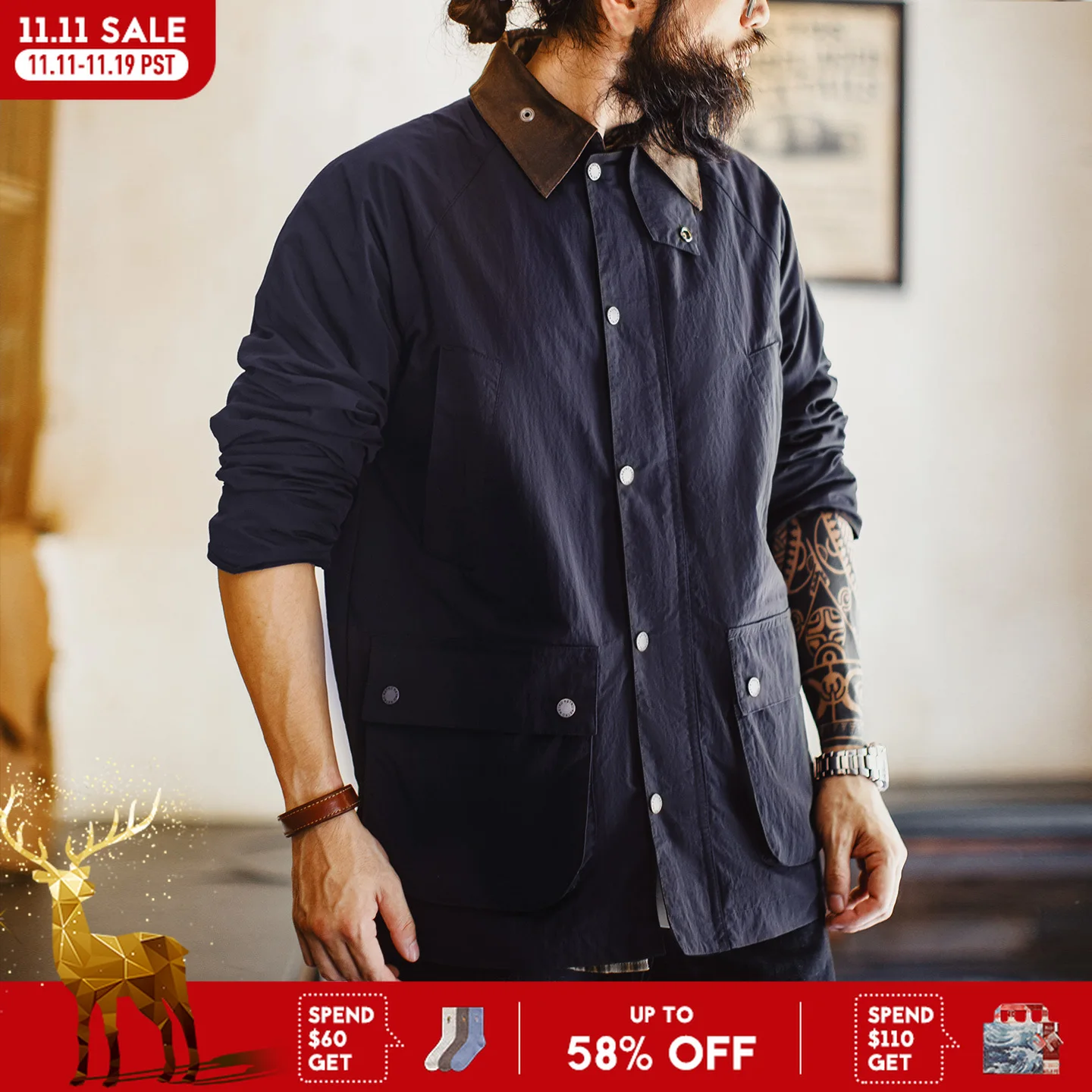 

Maden Men's Vintage Safari Jacket American Retro Blue Outdoor Hunting Coat Waterproof Casual Utility Workwear Outerwear for Fall