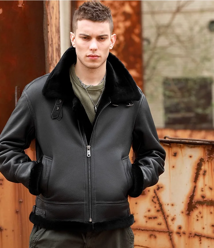 New 2024 Men\'s Winter Coat Natural Real Sheepskin Leather Jacket for Male Thick Wool Liner with a Hood Black Plus Size XXXXXXXXL