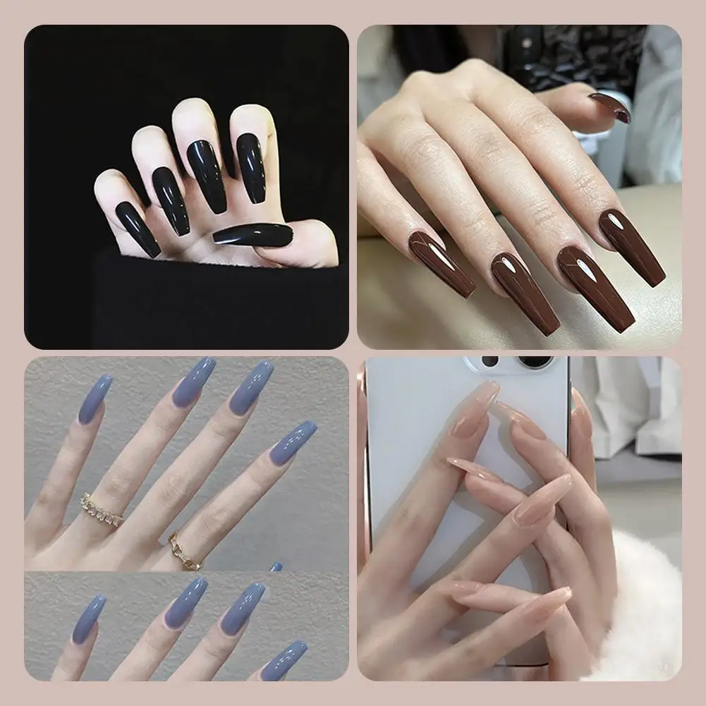 24pcs Simple Fake Nails Press On Long French Ballerina Nail Art Reusable Almond False Nails Acrylic Full Cover Tips