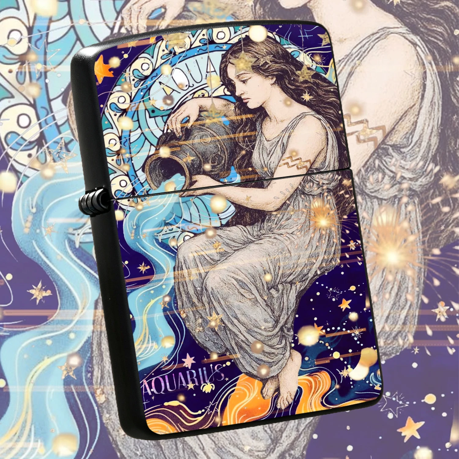 Creative Aquarius Themed Portable Lighter, Artistic Zodiac Astrology Print Design, Multi-Scenario Daily Use Practical Carry Gadget, Trendy Ideal Gift For Personal Use And Gifting, Exquisite Star Aesthetic Atmosphere Lightweight Small Tool A