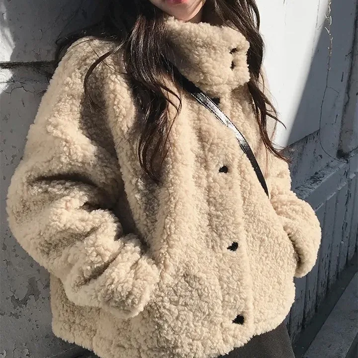 أنيقة الخريف الشتاء ort معطف فرو الضأن الدافئة الوقوف طوق كلية Sle المرأة ملابس خارجية تصميم الرجعية مكافحة الشيخوخة العصرية