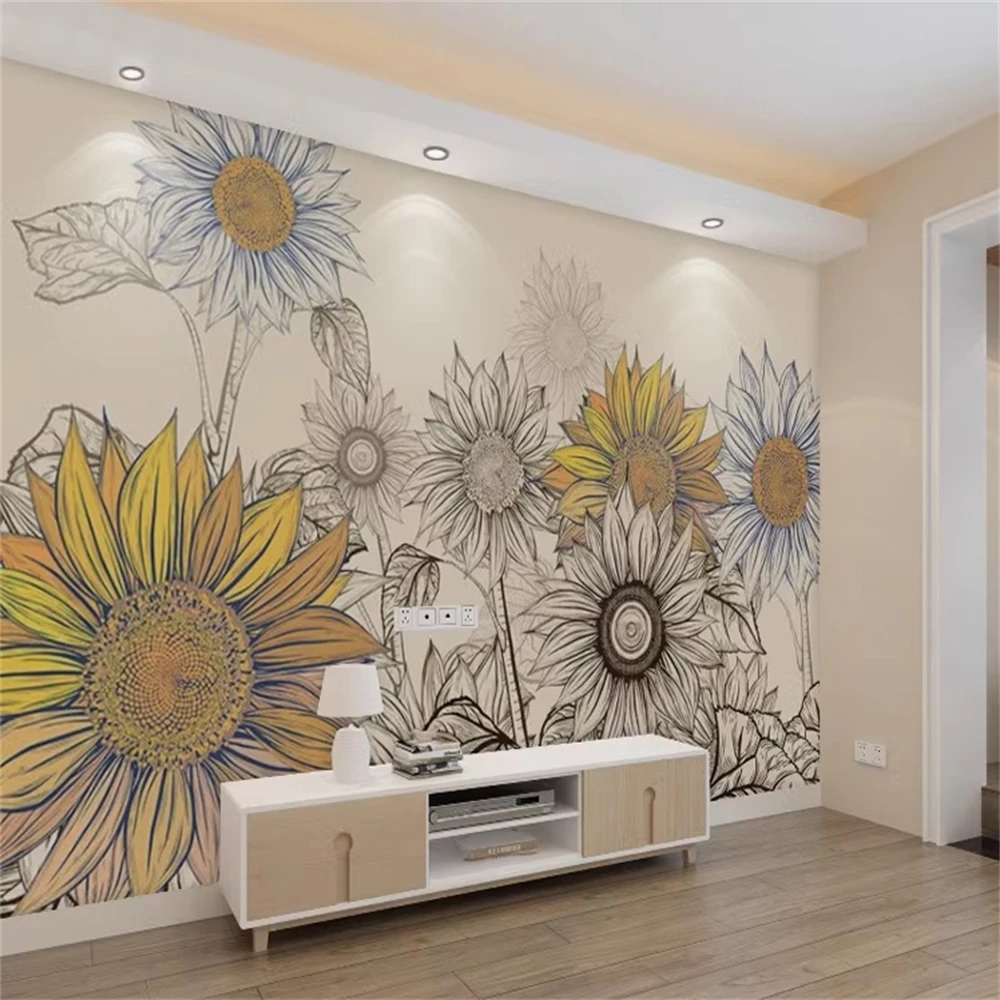 

Custom art oil painting flowers wallpaper Living room French retro wallpaper murals daisies TV background countryside wall cloth