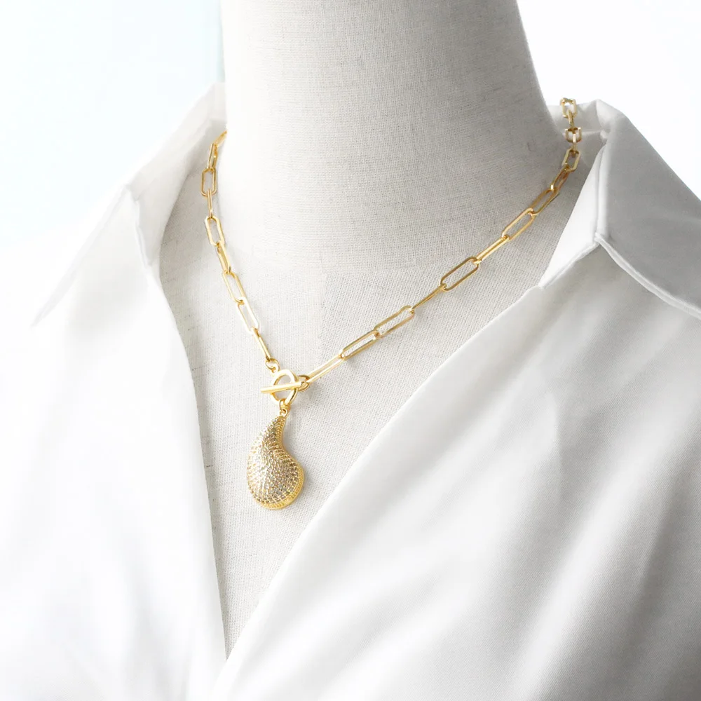 FLOLA Luxury Crystal Bubble Heart Necklaces for Women Gold Plated Paperclip Chain Water Drop Necklaces Statement Jewelry nkey26