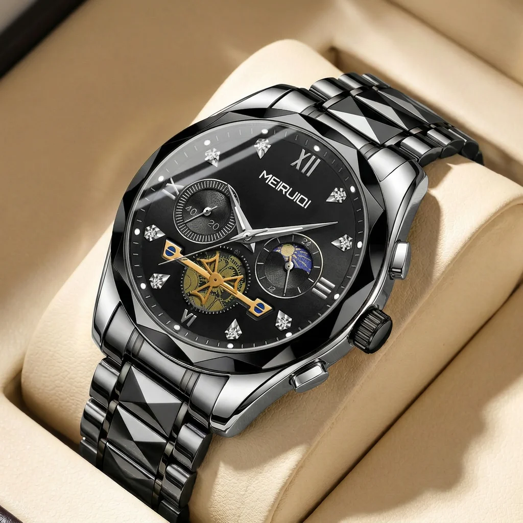 

1pcs Men's black dial alloy strap vintage fashion open heart moon phase details Quartz Watch for business party holiday