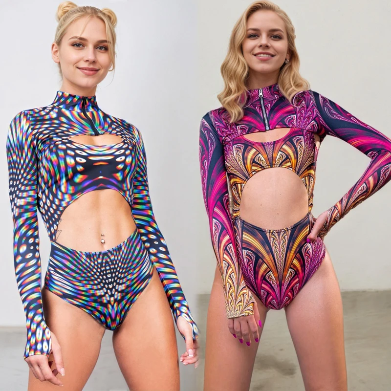 

Sexy Aurora Shrug 2 Piece BodysuitTrippy Print Cutout Tights Ladies Swimsuit Party Stage Cosplay Performance Festival Outfits