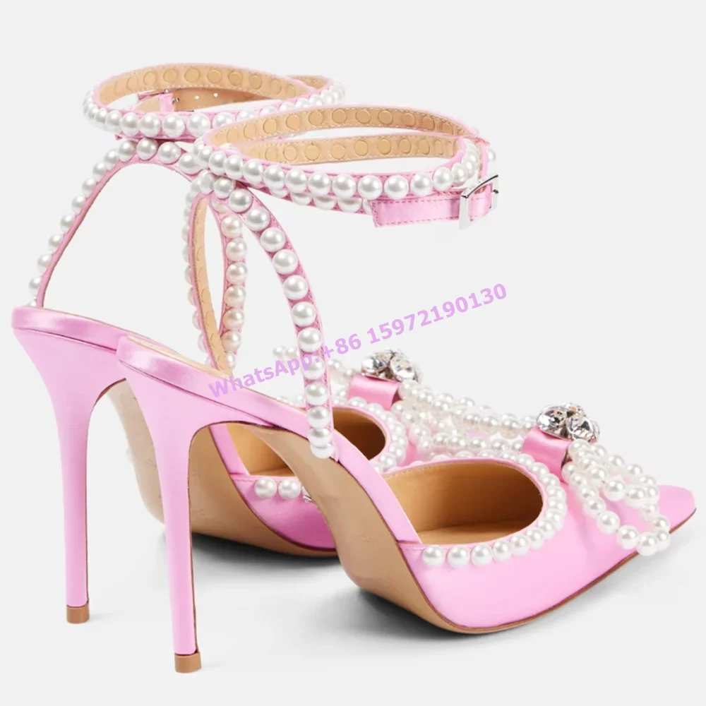 Double Bow Embellished Satin Pumps Peal Chain Ankle Band Thin Heels Pointy Toe Sweet Women's Shoes Summer Runway Luxury Shoes