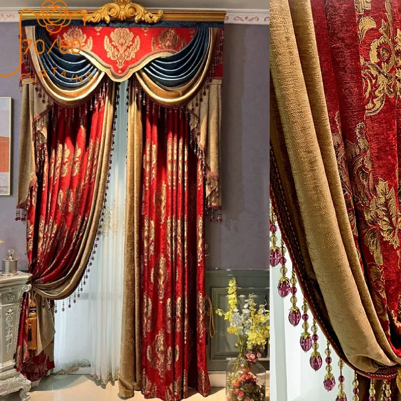 Red Gilded Jacquard Espessado Chenille Patched Cortinas, Villa Personalização Valance, Sala e Quarto, Janela francesa