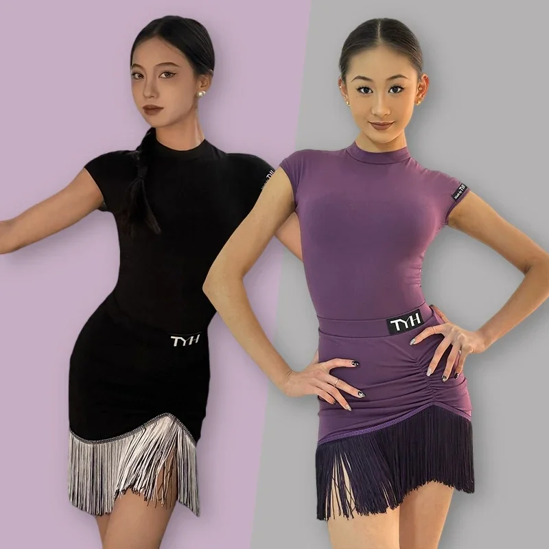 2025 الصيف اللاتينية فستان رقص مجموعة ملابس التدريب النساء الأسود هامش تنورة رقص تشا تشا رومبا الملابس الرقص دعوى ارتداءها