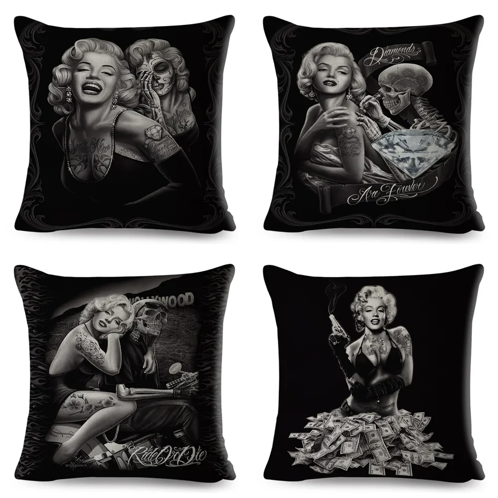 غطاء وسادة بطباعة كرتونية ، غطاء وسادة بتصميم جمجمة مثير للنساء والفتيات ، للأريكة ، المنزل ، السيارة ، البوليستر ، 45x45 سم