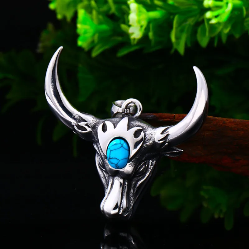 Domineering Nordic  Turquoise Bull Head Animal Pendant Necklace Men\\\'s Biker Punk Trend Jewelry
