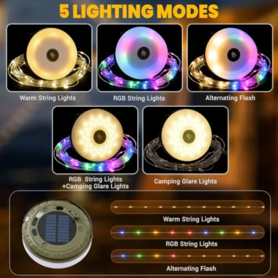2Pack Solar Camping String Lights, 32.8FT Warm/RGB Rechargeable Tent Lights 30S Roll Up, 5 Lighting Modes, Waterproof 100 LEDs,