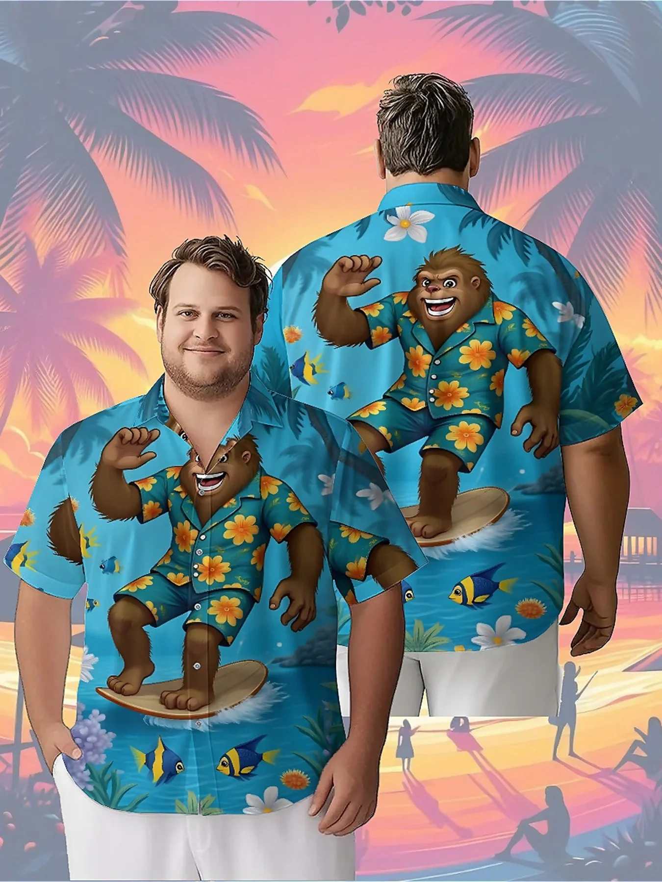 

Men's Plus Size Hawaiian Shirts Sasquatch and Palm Trees pattern,Unisex Baggy Aloha Shirts,summer Alternative Clothing