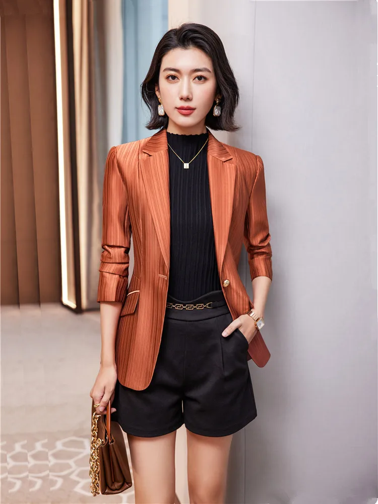 Blazer Women Luxury Bright Stried Long Sleeve Single Button  Golde  Elegant Office Ladies Coat Blue New In Formal Suits