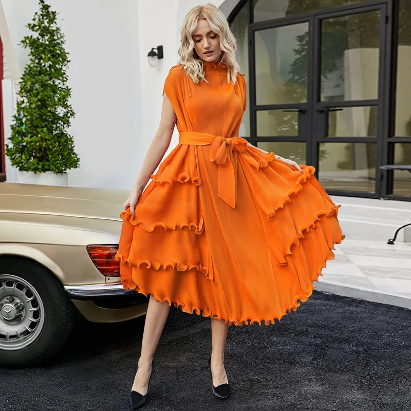 

Fashion 2023 Pleated Women Dress Ruffled Hem Solid Elegant Short Sleeve With Sashes Long Length Vintage New Summer Loosse Casual