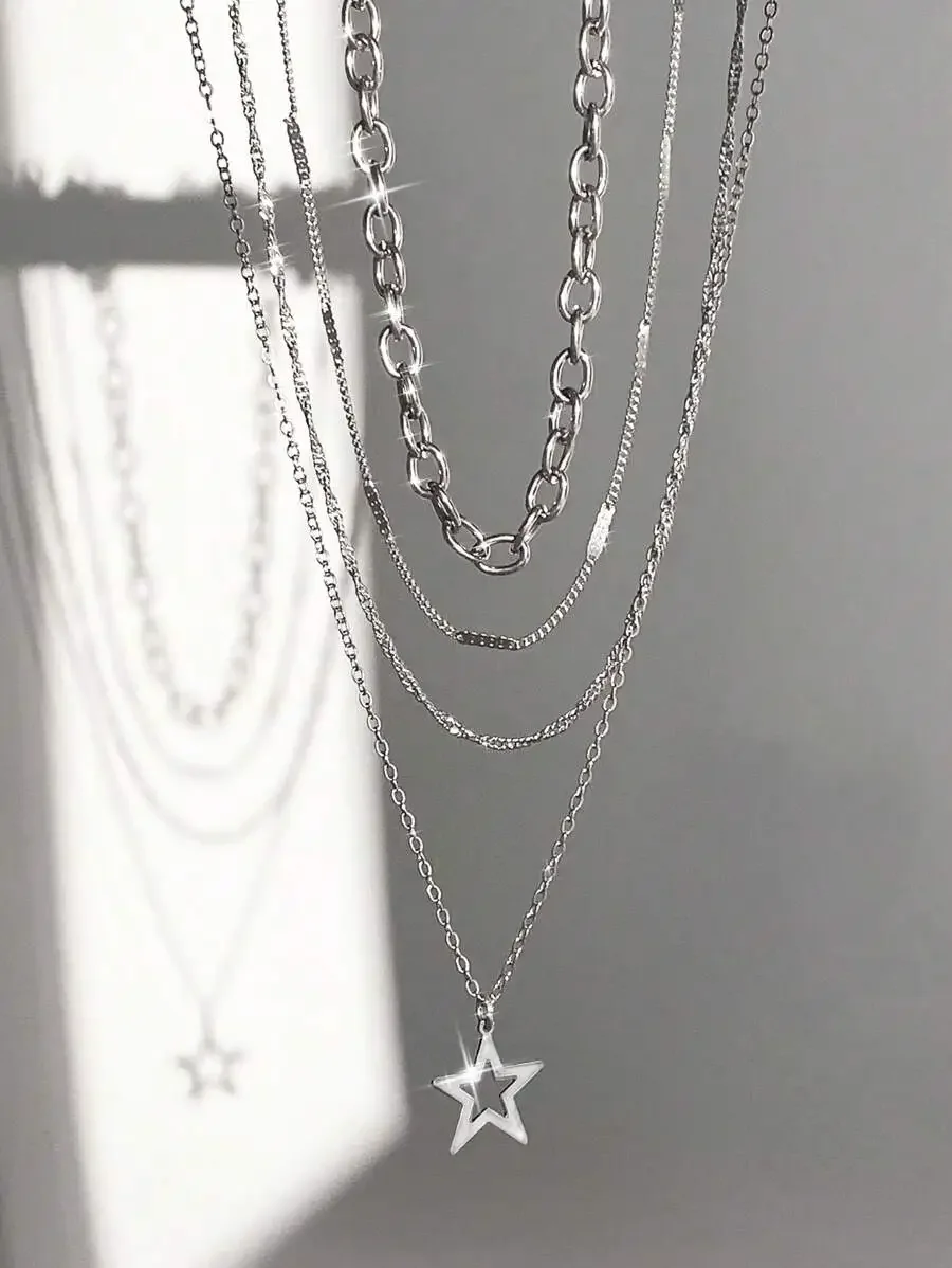 

Layered Star Pendant Chain Necklace Set for Women, Silver Tone Multi-Strand Jewelry