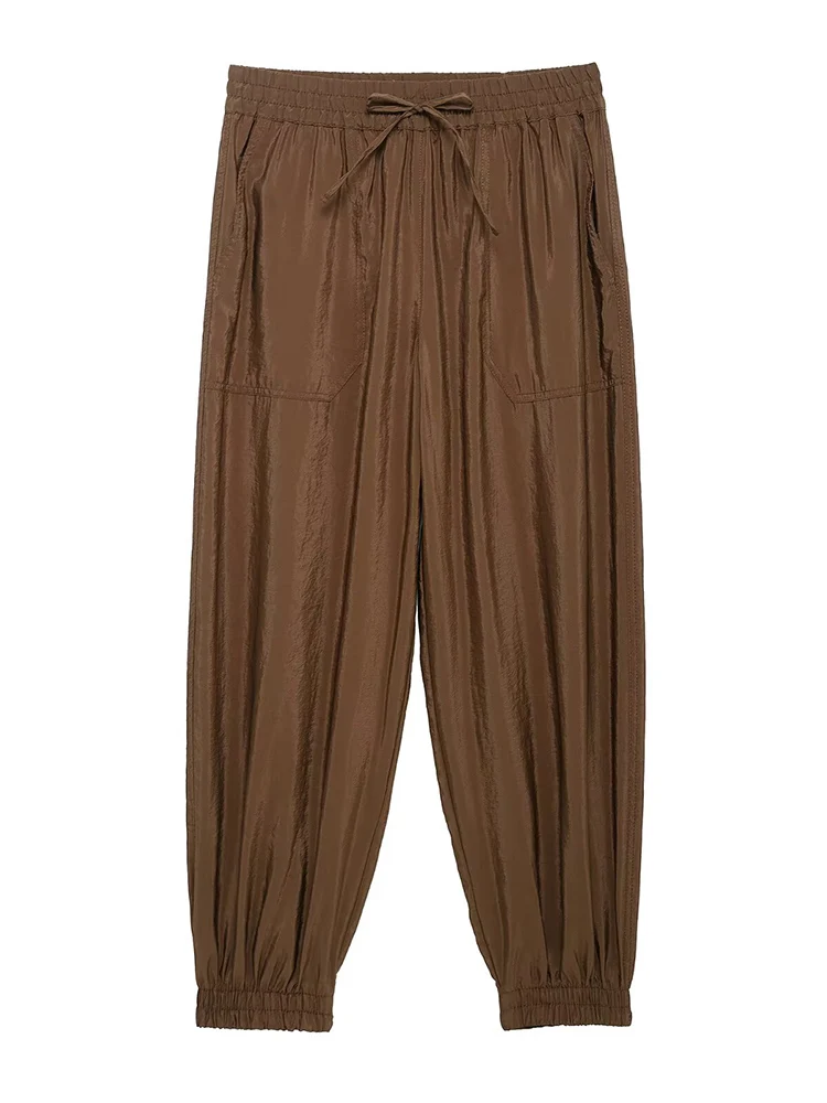 

KUCLUT Women Fashion Brown Drawstring Pleated Straight Pants Vintage High Elastic Waist Full Length Female Chic Lady Trousers