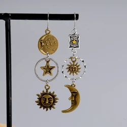 New Vintage Pentagram Sun Moon Long Pendant Asymmetrical Personality Lady Earrings