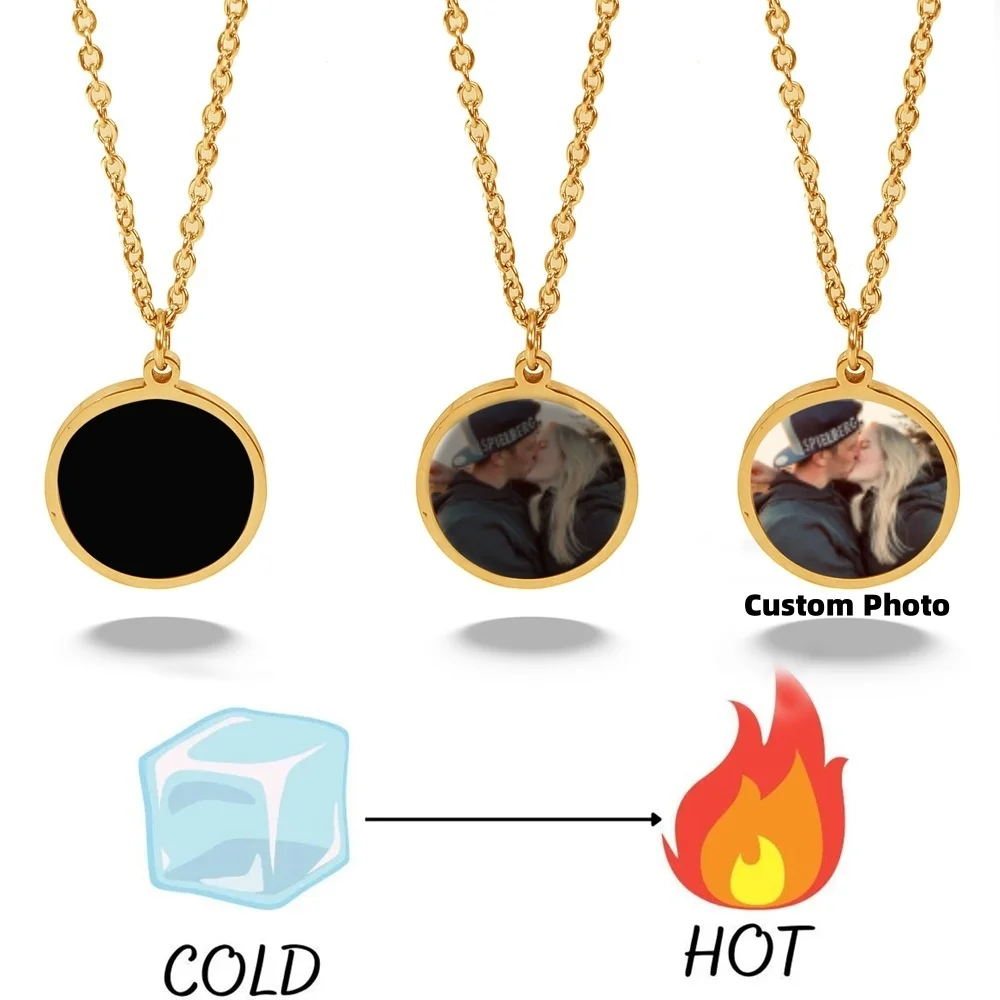 Custom Photo Heat Activated Magic Necklace with Hidden Personalized Picture Round Pendant Necklace Christmas Gifts