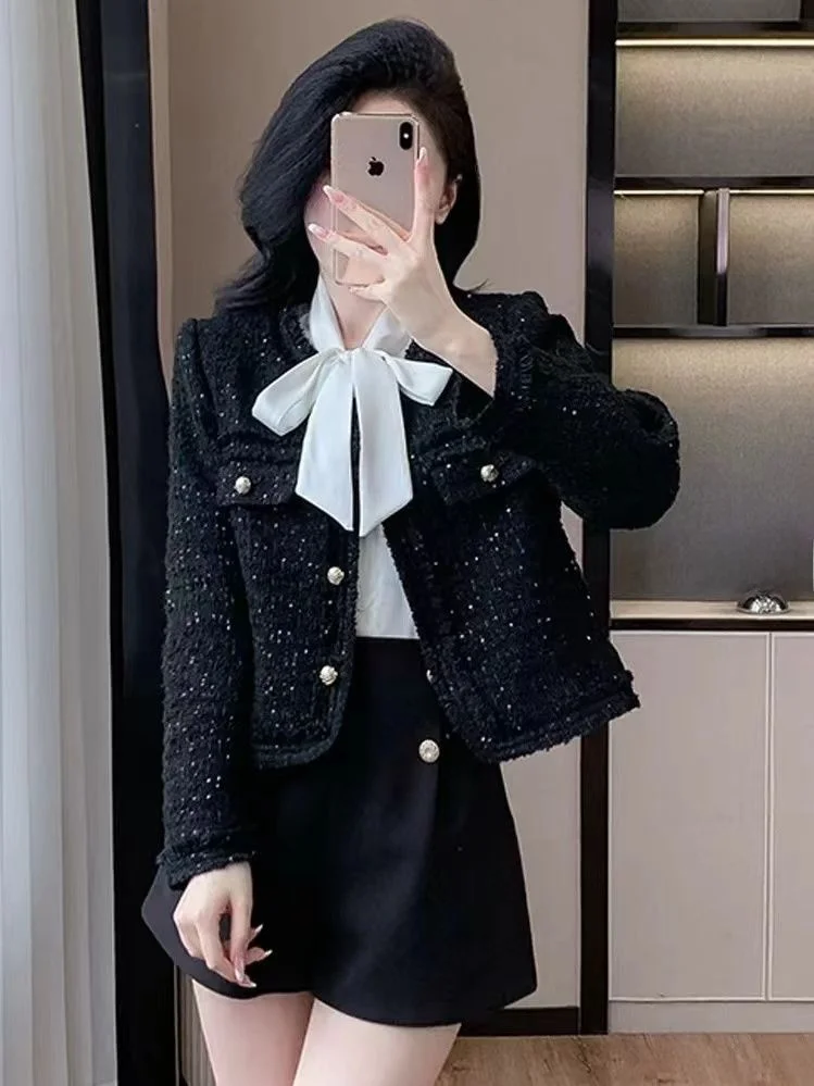 

an Sle ort Coat Korean Version High Quali Thi Tweed Design Versatile Slimming Celebri Bright Sequins Top