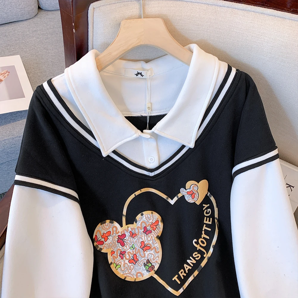 Spring and Autumn Plus Size Women's Casual Loose Fake Two Piece Lapel Sweatshirt College Style Cartoon Printing Daily Tops