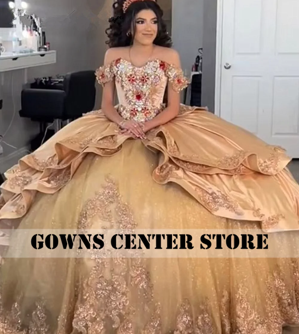 Princess Mexico 2024 Champagne Gold Quinceanera Dresses Off The Shoulder Flowers Satin Ruffels Ball Gown Sweet 16 Dresses