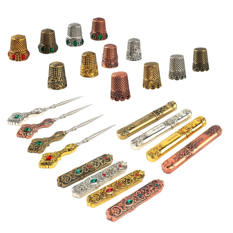 Vintage Metal Needle Case Sewing Thimble Rings Stylish Sewing Tool for DIY Enthusiasts Practical Finger Protector