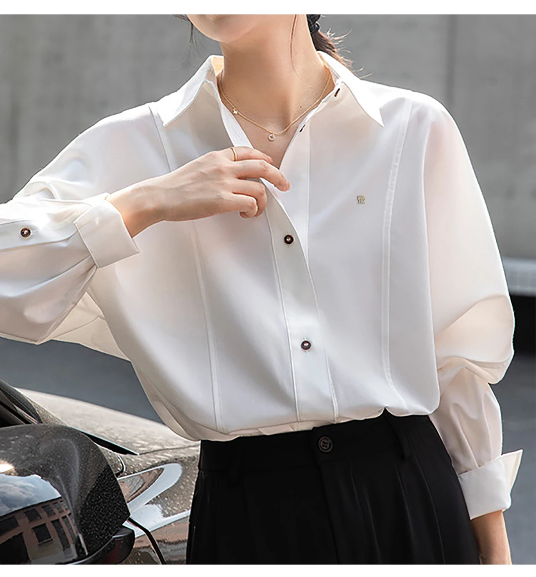 

Minimalist Design Solid Color Shirt for Women Loose Fit Single-Breasted Long Sleeve Top Versatile Work Daily Wear