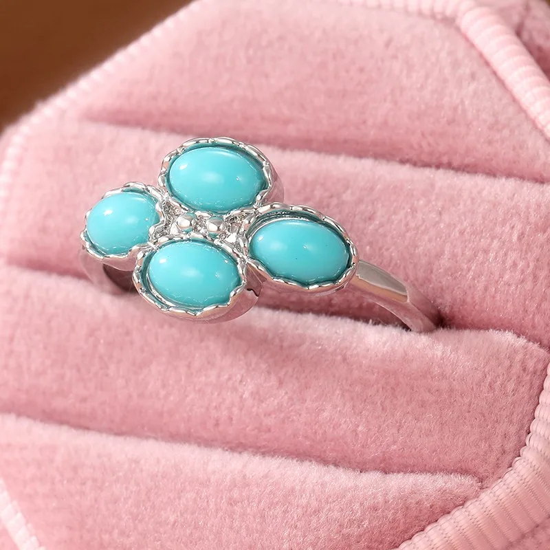 Vintage Silberfarbener Ring mit Eingelegtem Imitiertem Türkis für Damen Geometrischer Alltags- und Partyschmuck – Detail 3