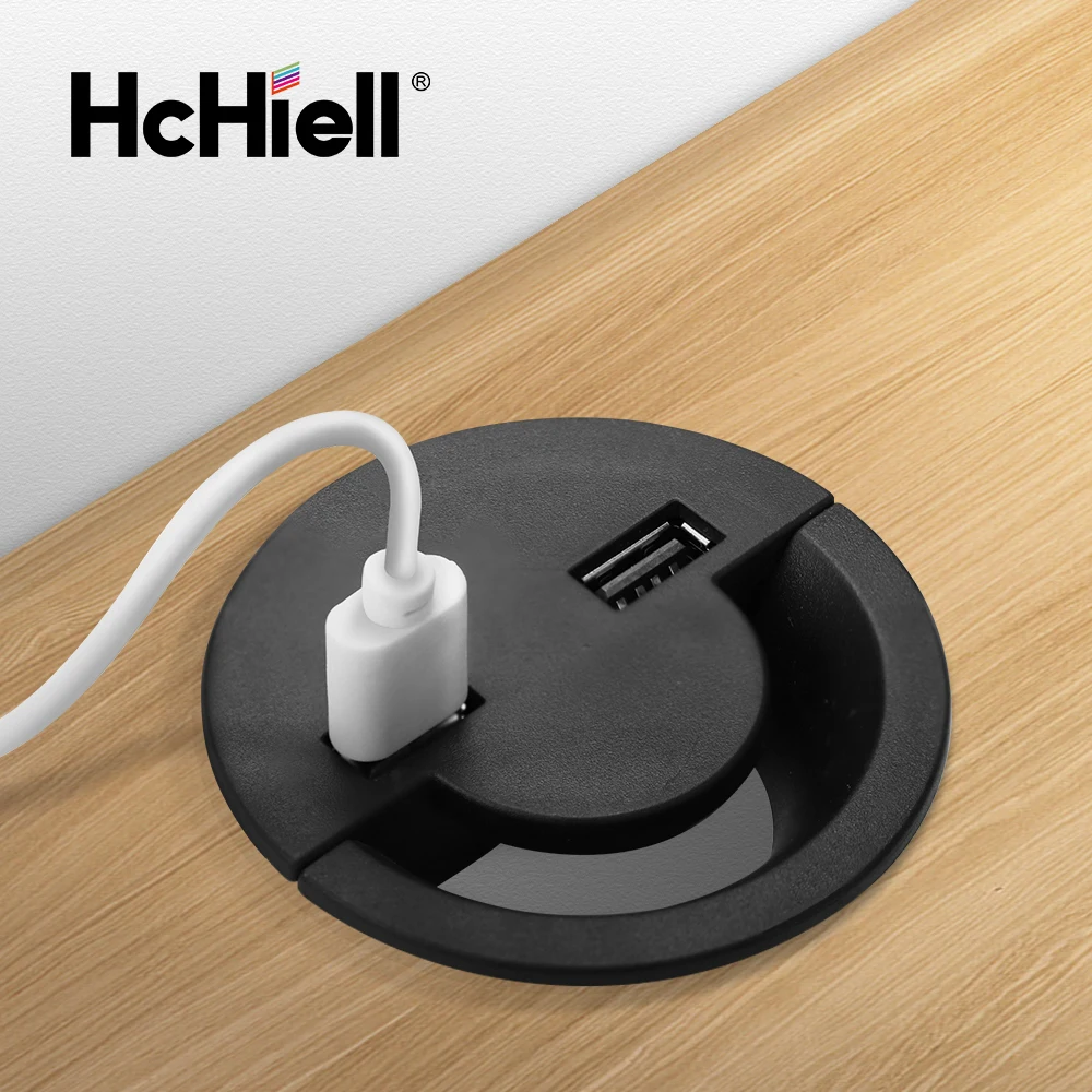 50MM Wire Hole Cover Round Home Office Table Outlet Port Line Box Computer Desk Cord Grommet With 2 Port USB Cable Organizer